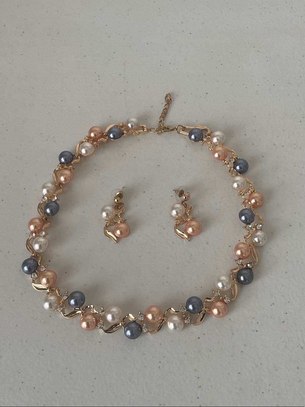 Tri-Color Pearl Necklace and Stud Drop Earrings — Gold-Tone Setting